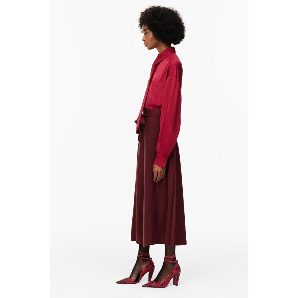 Zara NWT Burgundy Tie Neck Belted Midi Shirt Dress S M - Picture 11 of 16